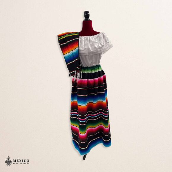 Traditional Mexican Sarape Dress Set, 3 Piece Outfit with Blouse, Skirt & Rebozo - Picture 3 of 9